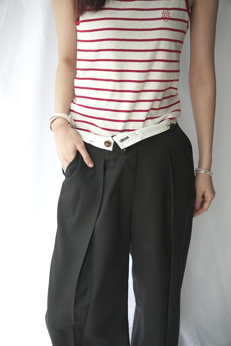 WOOL MIX HIP HUGGERS TUCKED WIDE SLACKS / BLACK