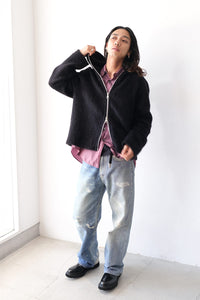 FULL ZIP HOOD / BLACK HAIRY WOOL