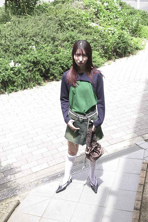 HOLTER NECK LONG SLEEVE T-SHIRT / NAVY-GREEN [20%OFF]