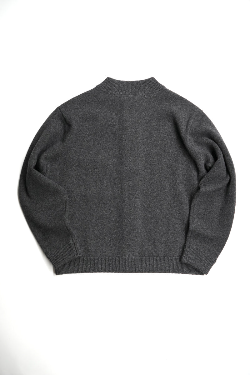 ZIP CREW NECK CARDIGAN LAMS WOOL PLAIN KNITTED / NAVY