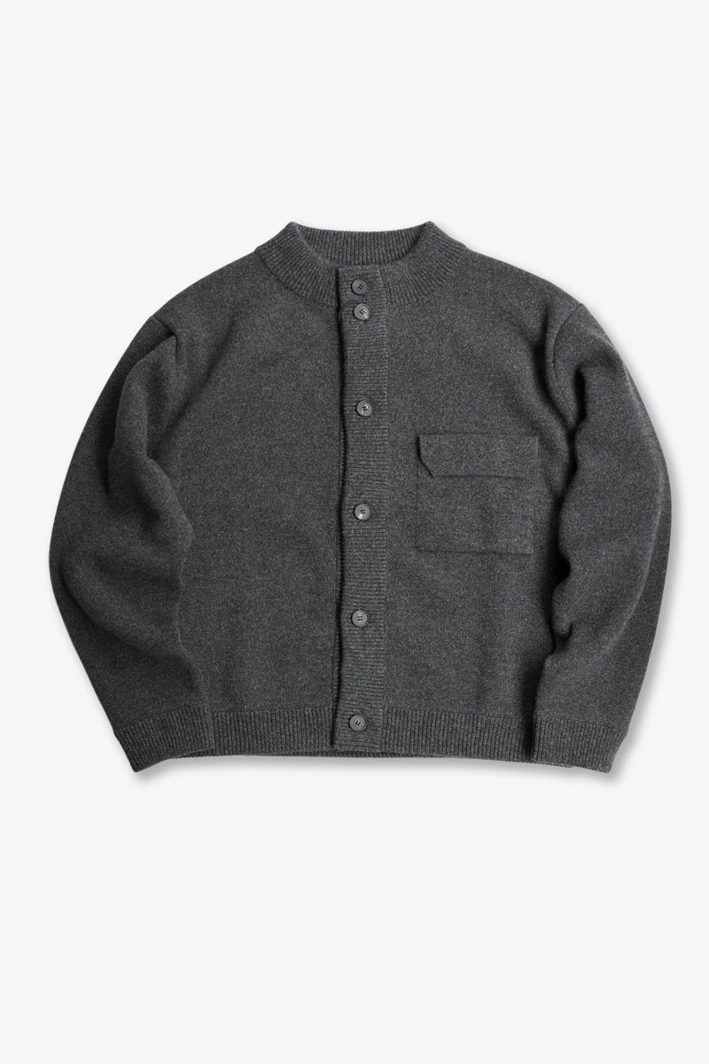 ZIP CREW NECK CARDIGAN LAMS WOOL PLAIN KNITTED / NAVY