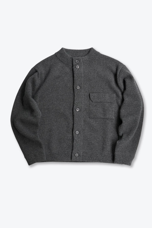 ZIP CREW NECK CARDIGAN LAMS WOOL PLAIN KNITTED / NAVY