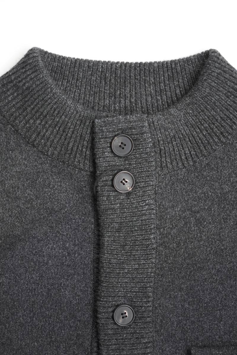 ZIP CREW NECK CARDIGAN LAMS WOOL PLAIN KNITTED / NAVY