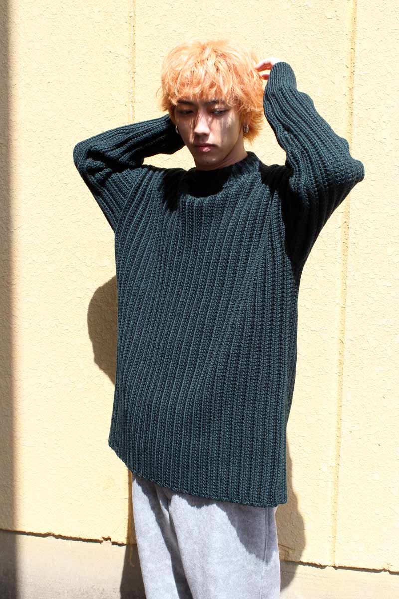 CREW NECK OPEN RIB SWEATER-WOOLY / GREEN