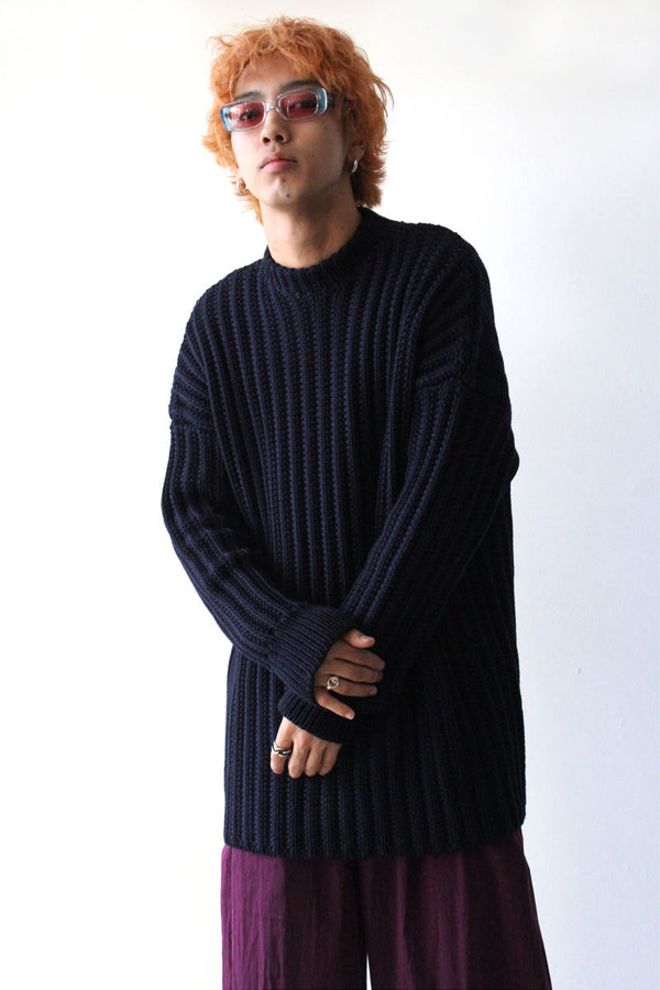 CREW NECK OPEN RIB SWEATER-WOOLY / NAVY [40%OFF]