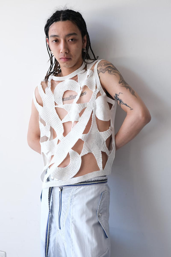 HAND KNIT SHOOTING STAR COLLAGE VEST / WHITE [20%OFF]