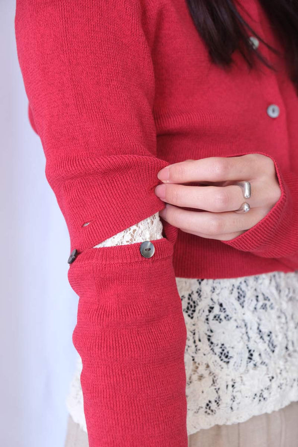 COTTON RIB KNIT DETACHABLE CARDIGAN / RED