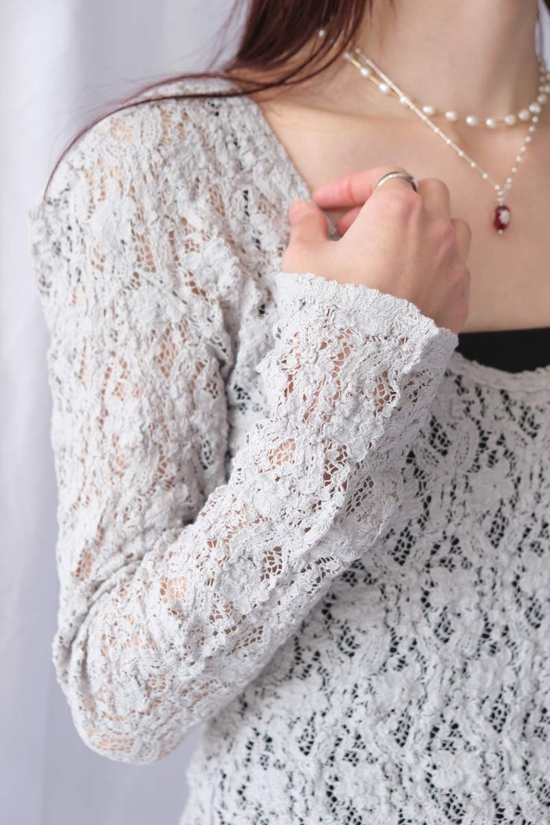 COTTON SHRINK LACE 2WAY TOP / L-GRAY