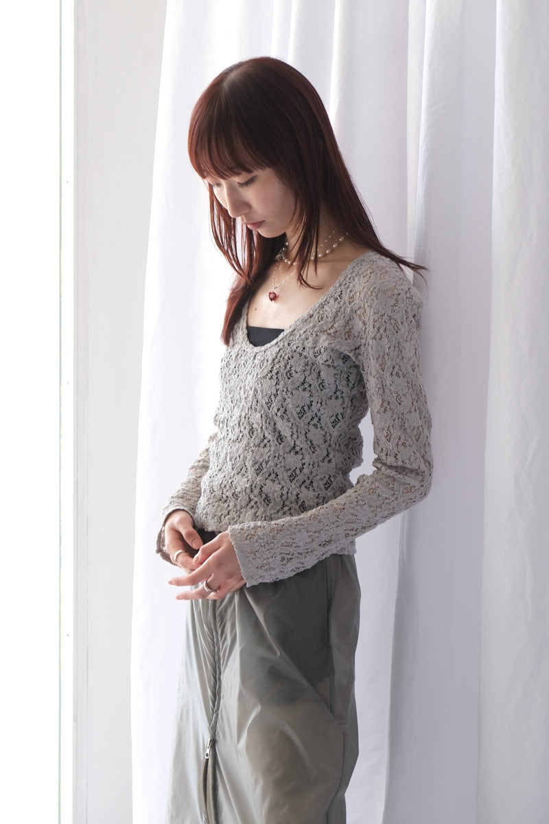 COTTON SHRINK LACE 2WAY TOP / L-GRAY