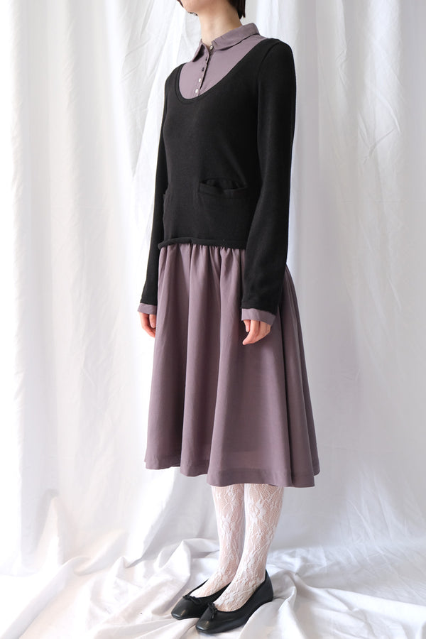 LAYERES SHIRT CARDIGAN SHIRRING DRESS / BLACK