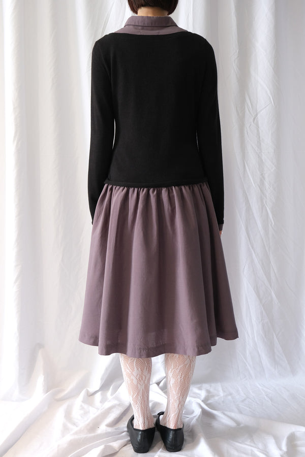 LAYERES SHIRT CARDIGAN SHIRRING DRESS / BLACK