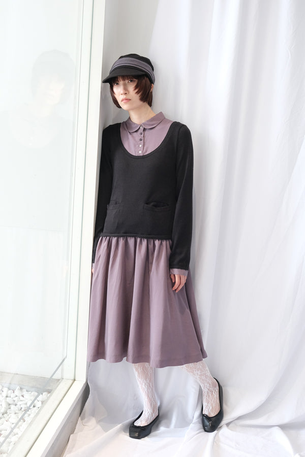 LAYERES SHIRT CARDIGAN SHIRRING DRESS / BLACK