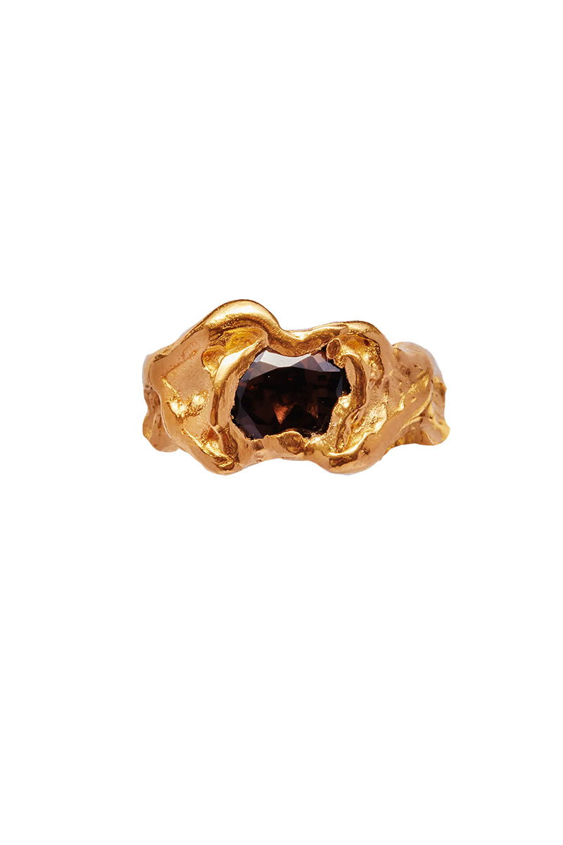 OLA RING / 18K GOLD PLATED 925 STERLING SILVER-NATURAL SMOKY QUARTZ