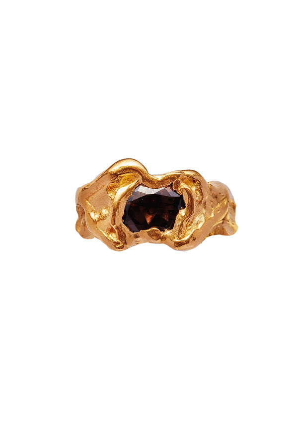 OLA RING / 18K GOLD PLATED 925 STERLING SILVER-NATURAL SMOKY QUARTZ