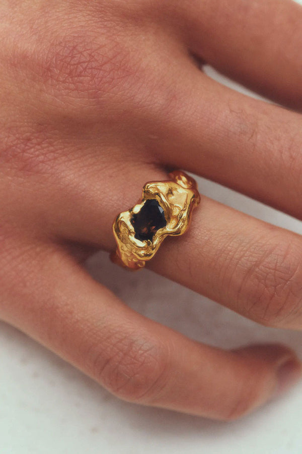 OLA RING / 18K GOLD PLATED 925 STERLING SILVER-NATURAL SMOKY QUARTZ