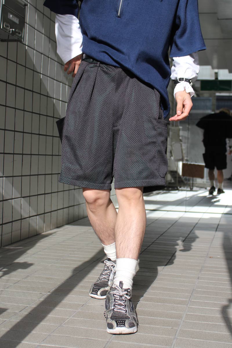 NEAT | POLY MESH CARGO SHORTS / BLACK × GREEN ポリメッシュカーゴショーツ – STOCK