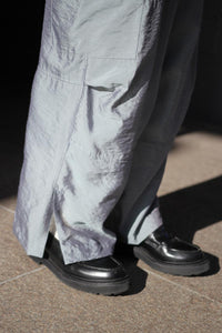 VISCOSE SHEER ORGANDY WIDE CARGO SLIT PANTS / BLUE GRAY