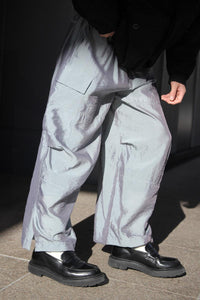 VISCOSE SHEER ORGANDY WIDE CARGO SLIT PANTS / BLUE GRAY