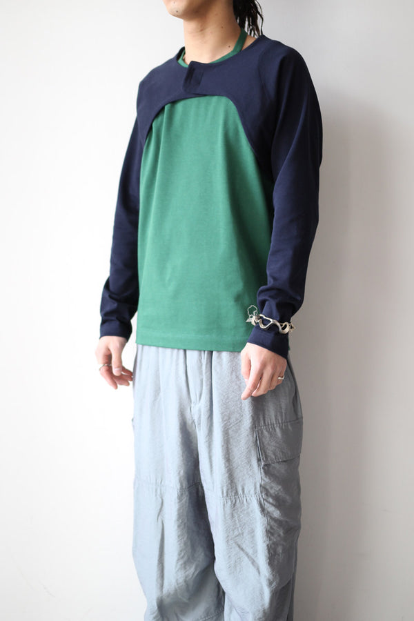 HOLTER NECK LONG SLEEVE T-SHIRT / NAVY-GREEN [20%OFF]