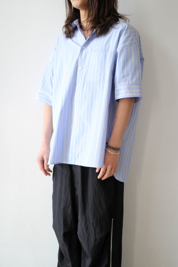 BROAD SHORT SLEEVE CUFFS SHIRTS / SAX STRIPE [20%OFF]