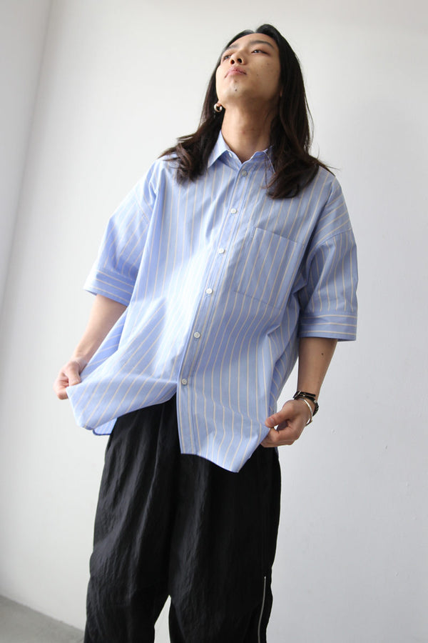 BROAD SHORT SLEEVE CUFFS SHIRTS / SAX STRIPE [20%OFF]