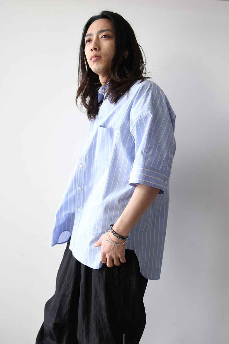 BROAD SHORT SLEEVE CUFFS SHIRTS / SAX STRIPE [20%OFF]