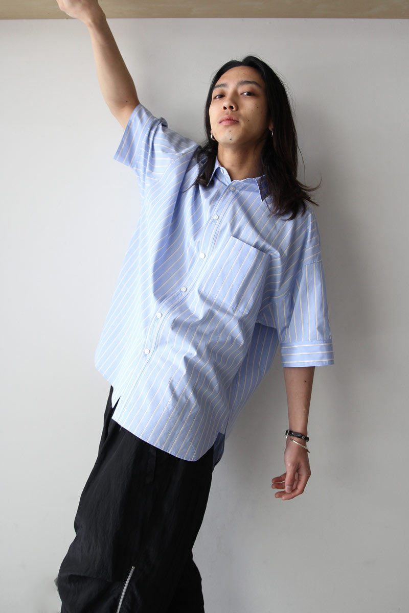BROAD SHORT SLEEVE CUFFS SHIRTS / SAX STRIPE [20%OFF]
