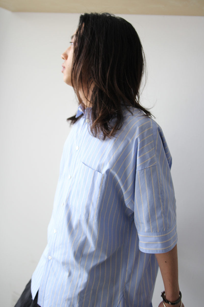 BROAD SHORT SLEEVE CUFFS SHIRTS / SAX STRIPE [20%OFF]
