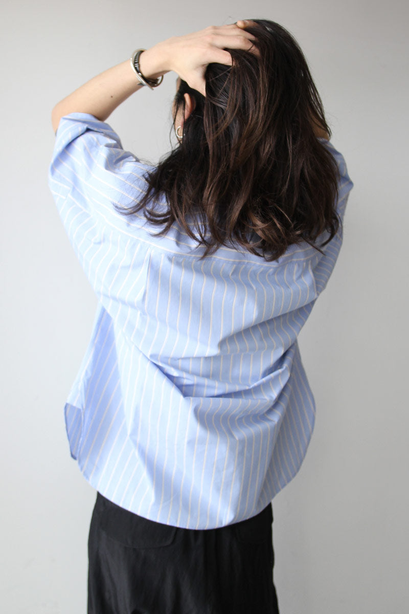 BROAD SHORT SLEEVE CUFFS SHIRTS / SAX STRIPE [20%OFF]