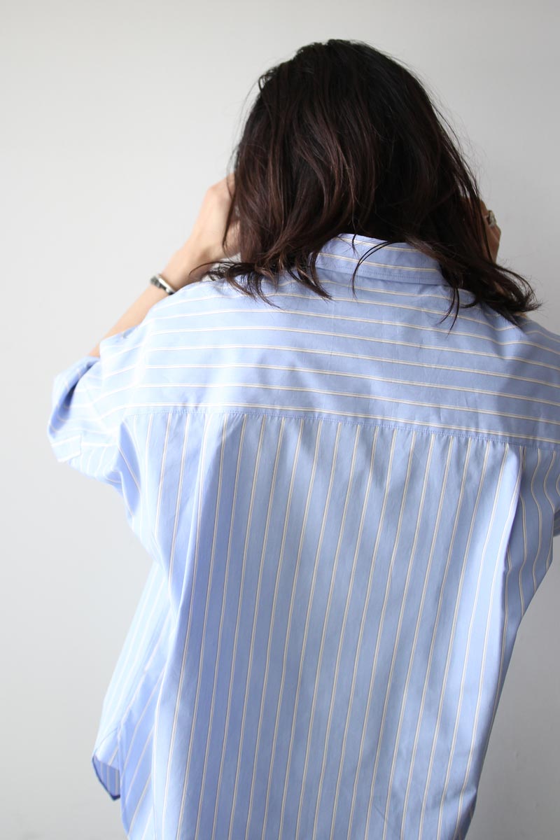 BROAD SHORT SLEEVE CUFFS SHIRTS / SAX STRIPE [20%OFF]