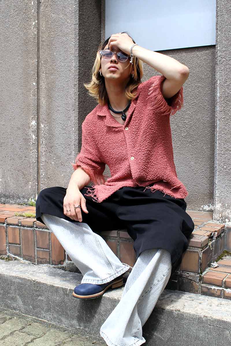 SEFR | FAUSTO SHIRT / WASHED FRINGED RED フリンジオープンカラー  