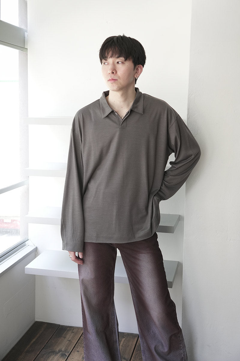 SUPER100S WOOL JERSEY L/S POLO / CHARCOAL