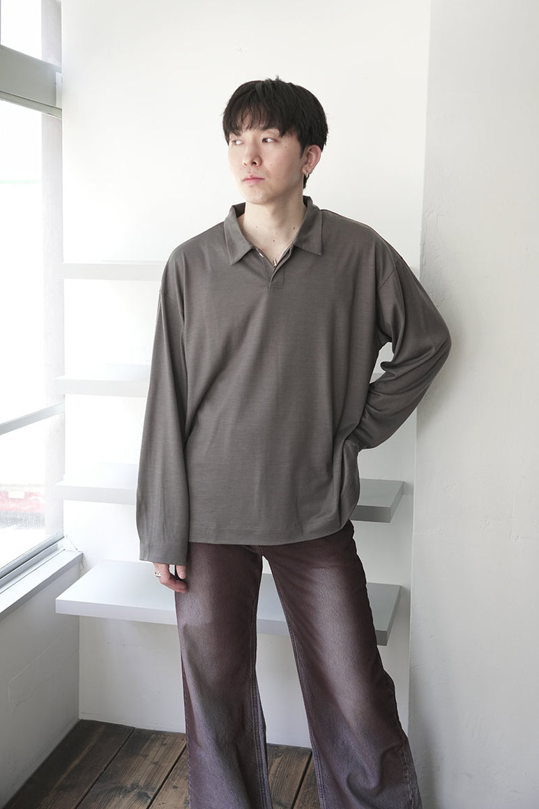 SUPER100S WOOL JERSEY L/S POLO / CHARCOAL