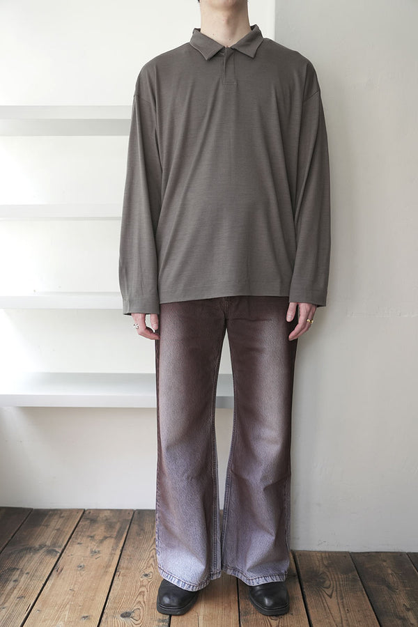 SUPER100S WOOL JERSEY L/S POLO / CHARCOAL