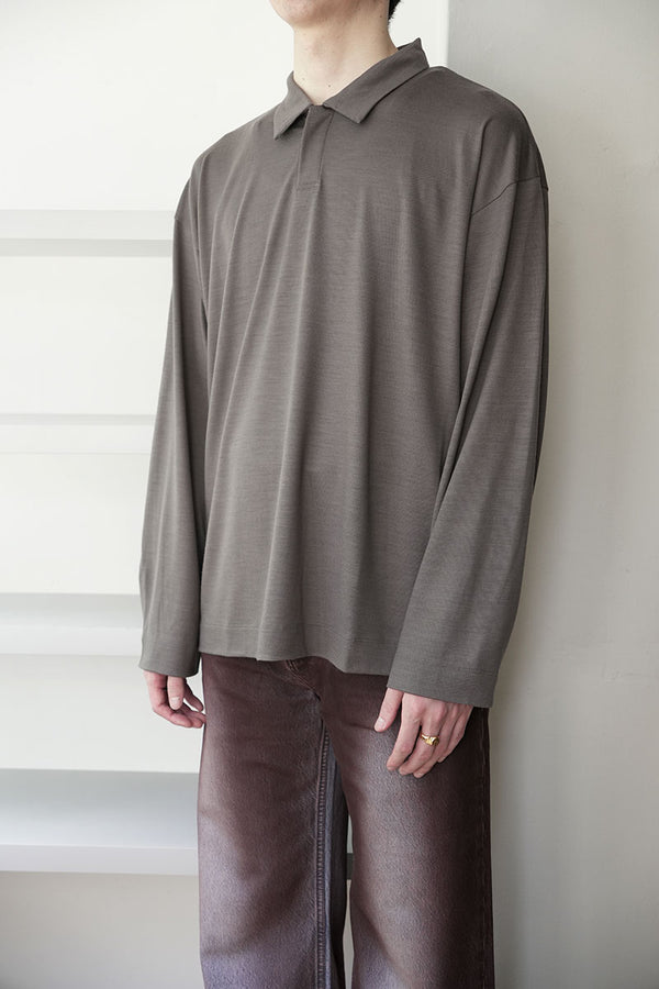 SUPER100S WOOL JERSEY L/S POLO / CHARCOAL