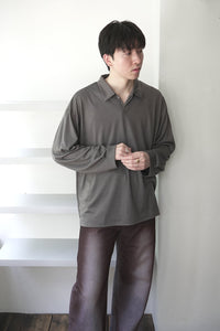 SUPER100S WOOL JERSEY L/S POLO / CHARCOAL