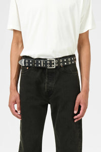 STUDDED DOUBLE TONGUE BELT / FLUCKING BLACK LEATHER