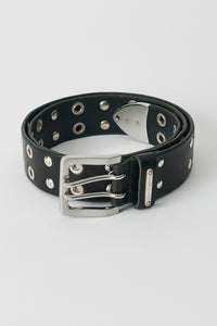 STUDDED DOUBLE TONGUE BELT / FLUCKING BLACK LEATHER