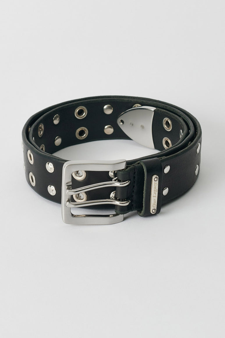 STUDDED DOUBLE TONGUE BELT / FLUCKING BLACK LEATHER