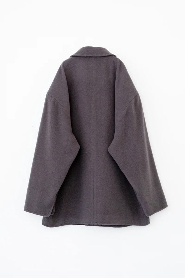 RECYCLED WOOL NYLON DROP BIG SHOULDER HALF COAT / CHARCOAL