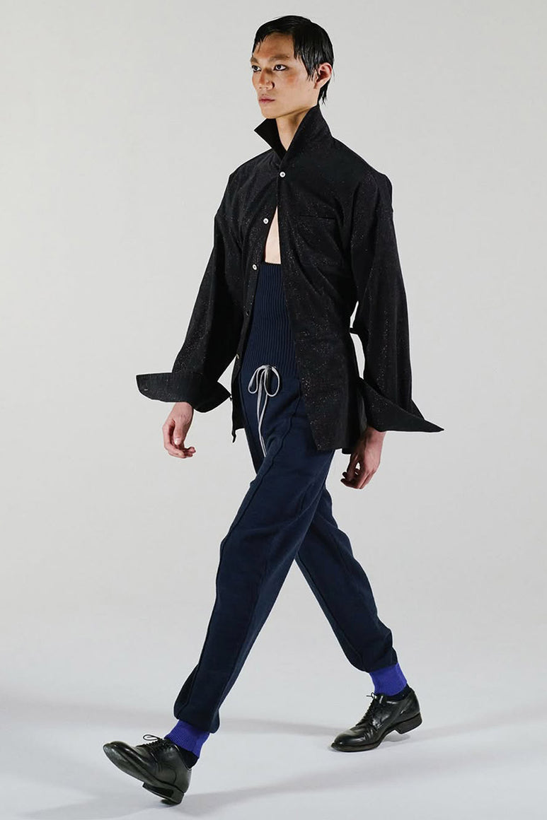 SHAWL COLLAR SHIRT ITH PEPLUM / NAVY GLITTER