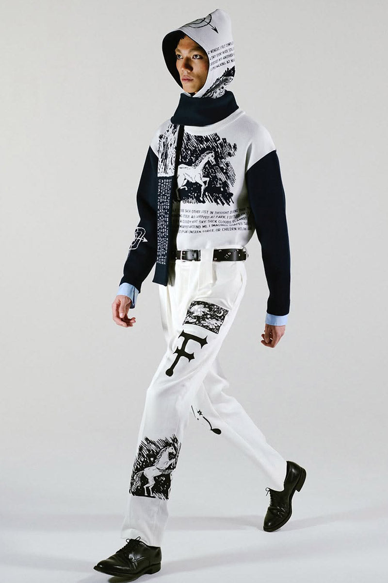 WIDE WAIST LOOP TROUSERS / WHITE WITH PAINTING [20% OFF]