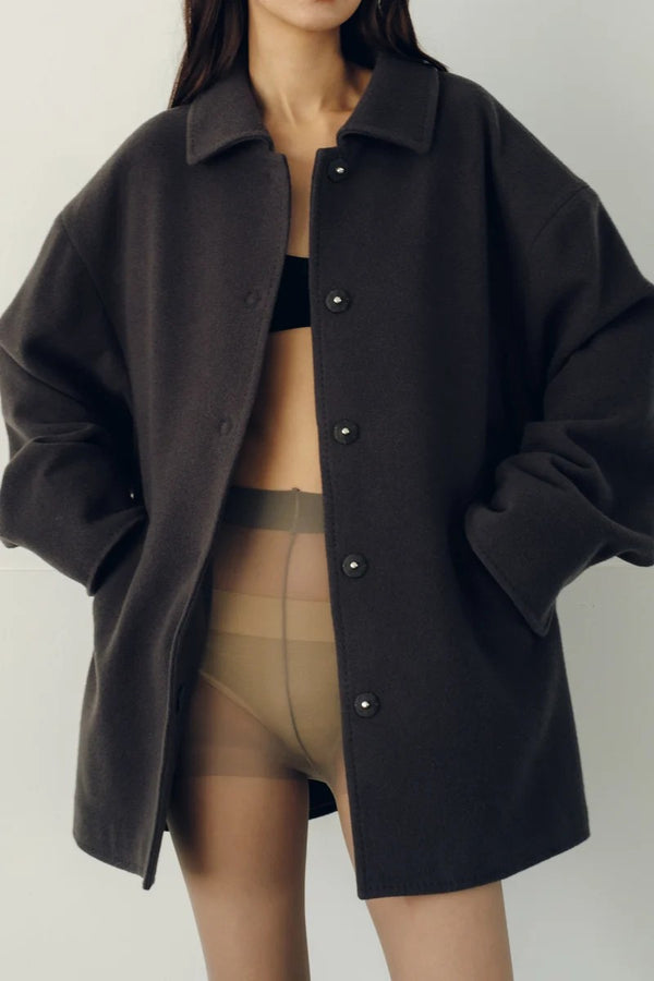 RECYCLED WOOL NYLON DROP BIG SHOULDER HALF COAT / CHARCOAL