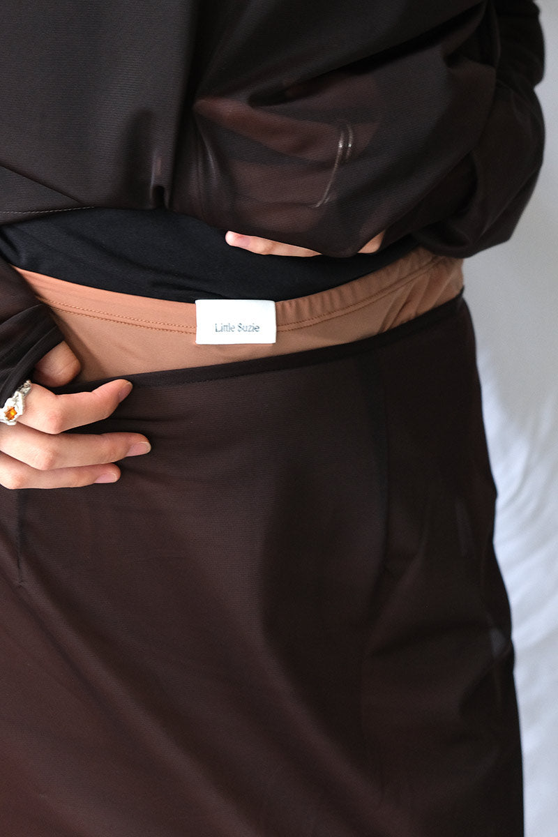 SHEER TRICOT SKIRT WITH INNER / CHOCOLATE [20%OFF]