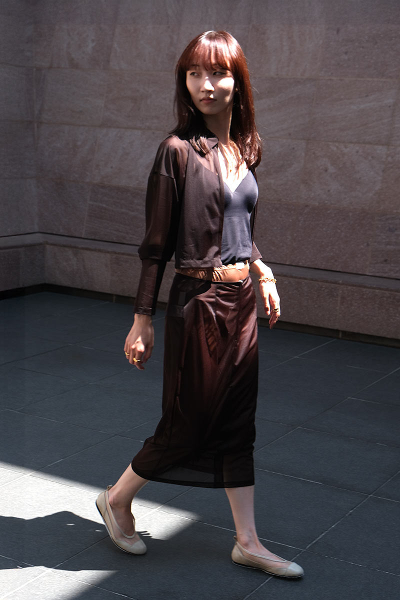 SHEER TRICOT FRONT ZIP JACKET / CHOCOLATE