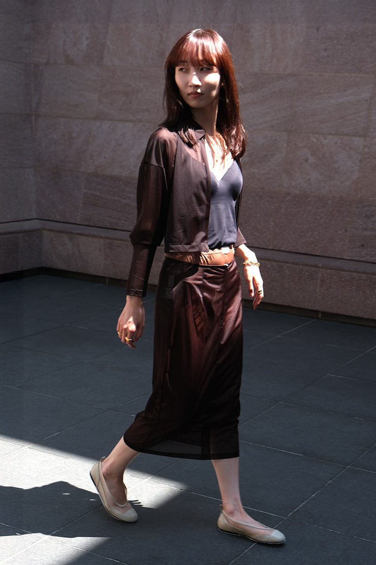 SHEER TRICOT FRONT ZIP JACKET / CHOCOLATE