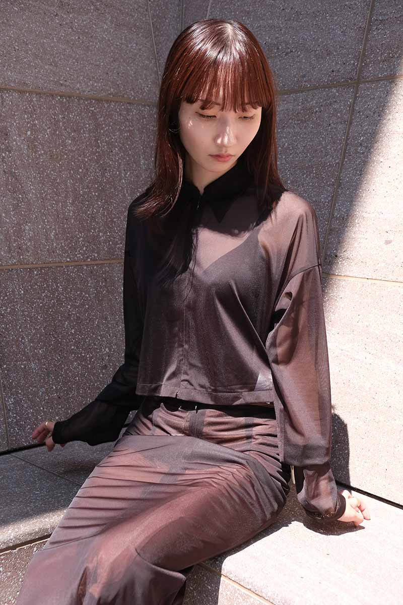 SHEER TRICOT FRONT ZIP JACKET / CHOCOLATE [30%OFF]
