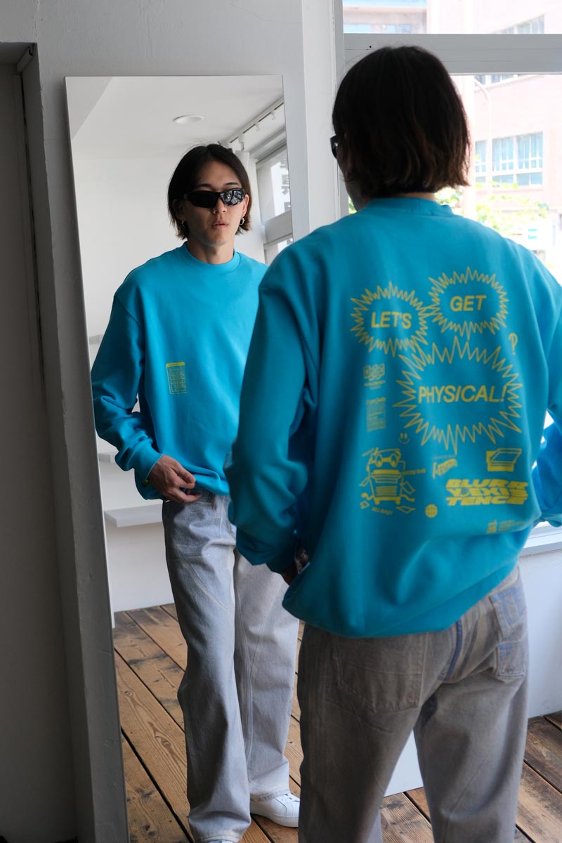 PRINTOUT X PONTI -'LET'S GET PHYSICAL!' SWEAT CREW NECK / TURQUOISE [Kobe store] [30%OFF]