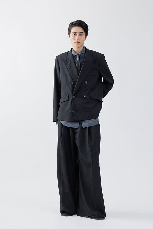 STRIPE WOOL 3TUCK BAGGY TROUSERS .16 / BLACK ST