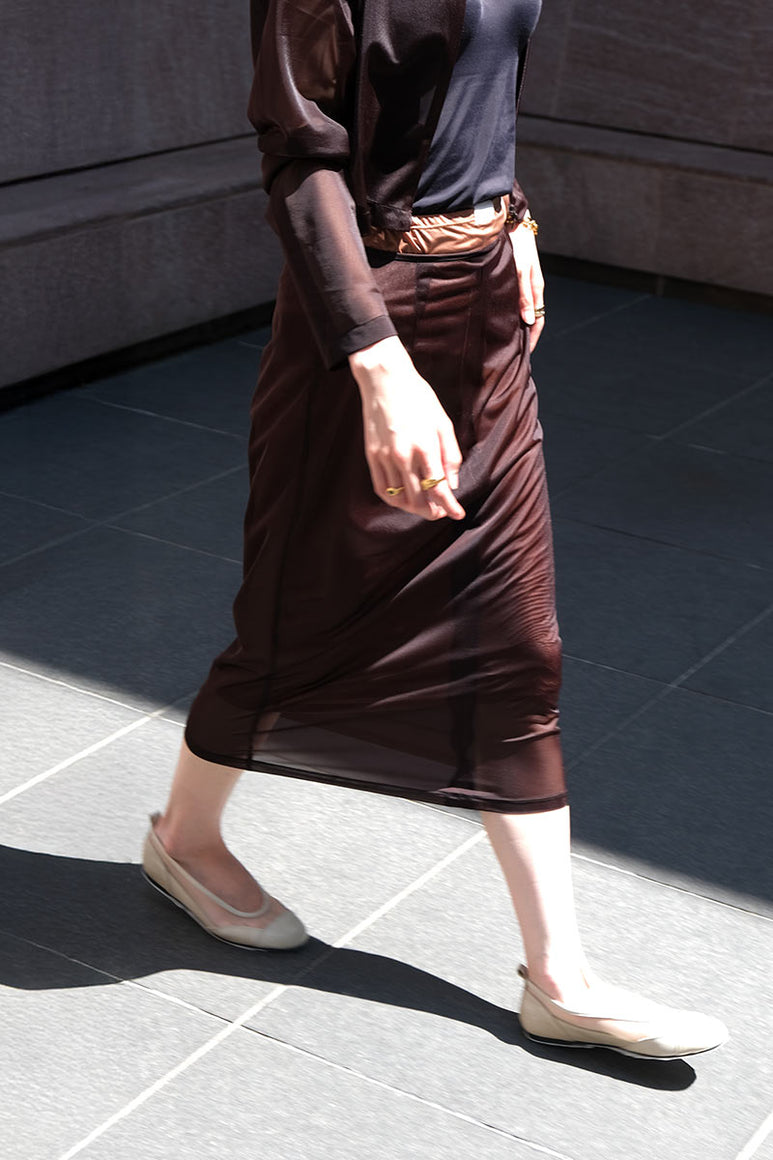SHEER TRICOT SKIRT WITH INNER / CHOCOLATE